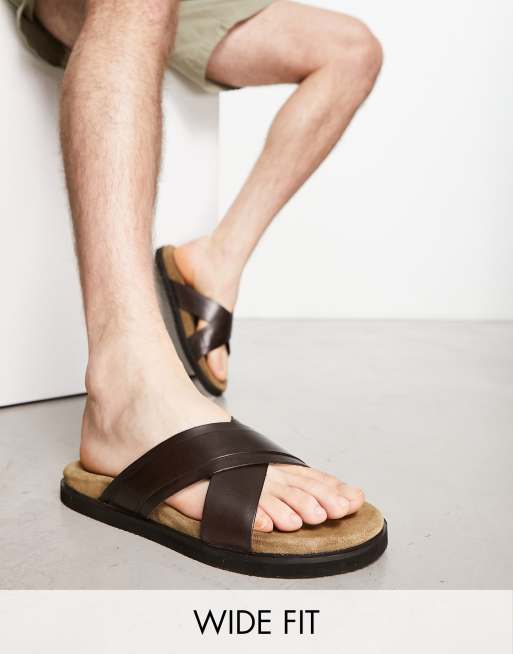 Thomas Crick wide fit cross strap sandals in brown leather ASOS