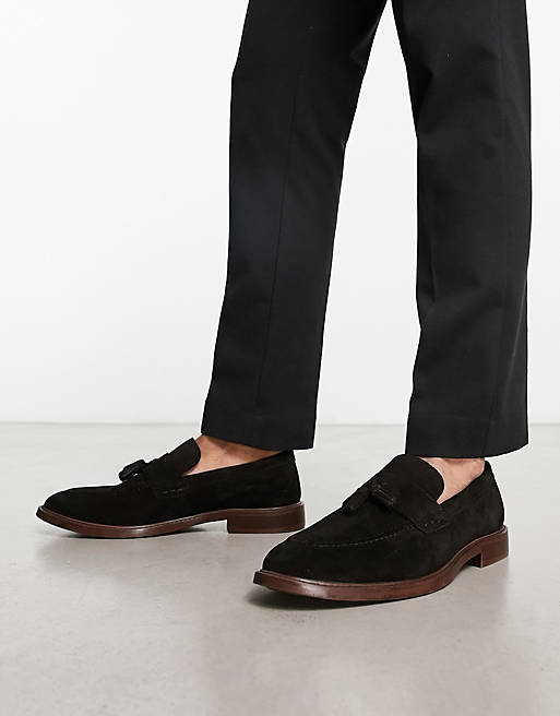 Thomas Crick wide fit suede tassel loafers in black | ASOS
