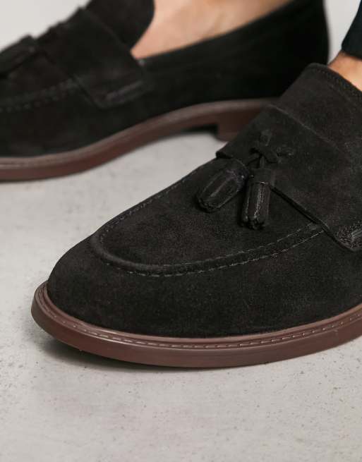 Thomas Crick – Wildleder-Loafer mit Bommel in Schwarz