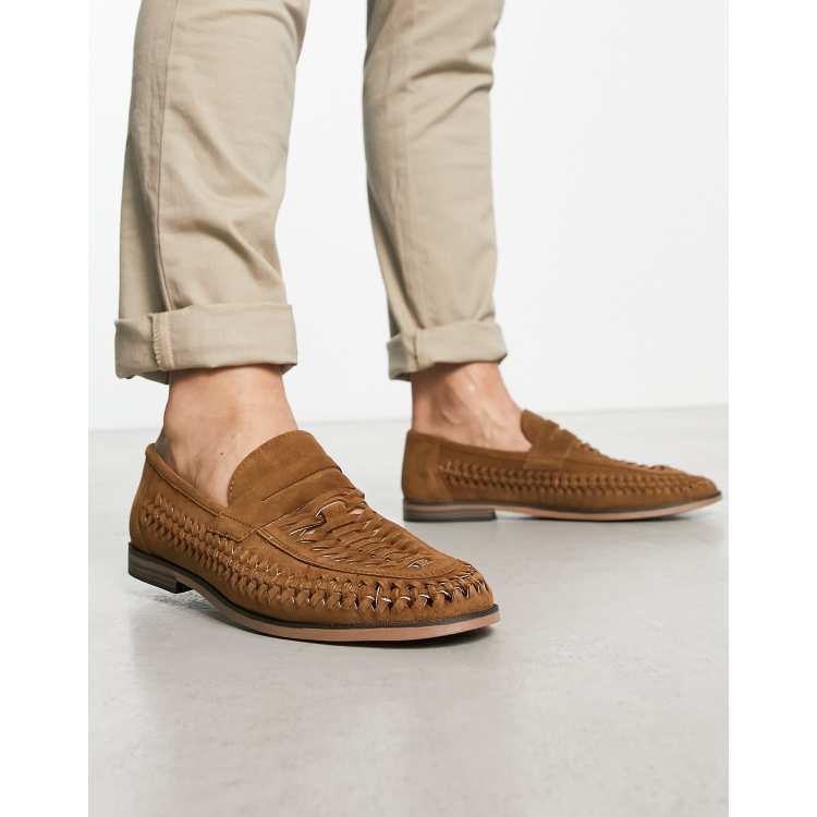 Thomas Crick woven saddle suede loafers in tan