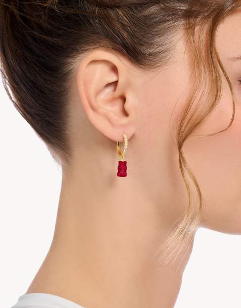 Thomas Sabo 18k yellow gold-plated hoop earring with red bear pendant in sterling silver - view 1