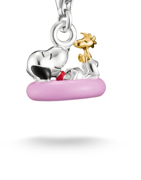 Thomas Sabo - Charm de Snoopy y Woodstock Peanuts™ con flotador, plata original con baño de oro de 18 quilates, en plata, rojo, negro y rosa - view 1