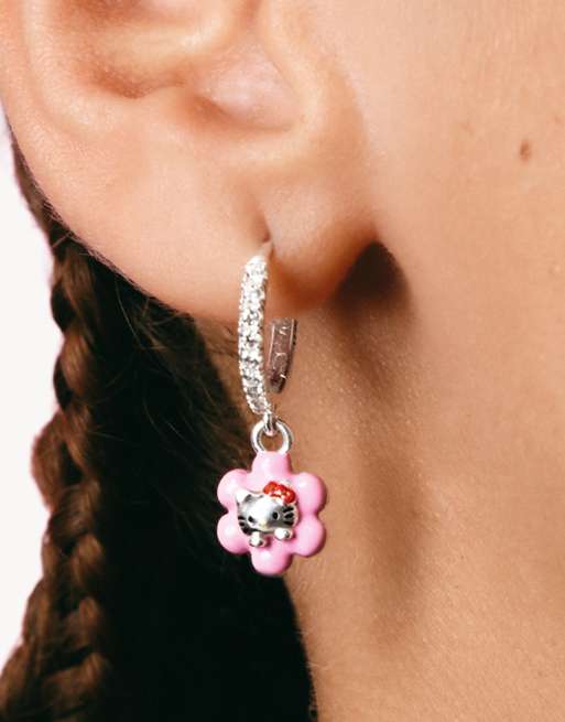 Thomas Sabo Hello Kitty orecchino singolo a cerchio con fiore e zirconi bianchi in argento, nero, rosa, 4 di 4