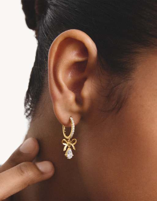 Thomas Sabo orecchini a cerchio con fiocco e zirconi bianchi a goccia in oro giallo, bianco, 3 di 4