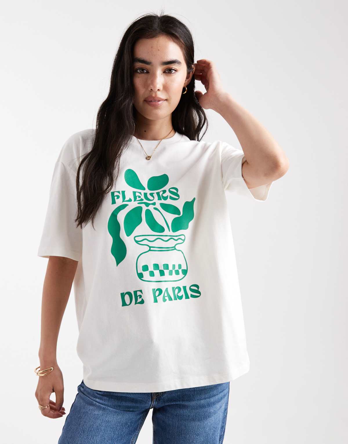 Threaadbare cotton short sleeve fleurs graphic t-shirt in ecru