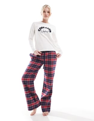 Threadbare Threabare Cosy Club long pyjamas set with red check bottoms