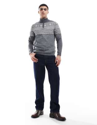 Threadbare Threabare fairisle 1/4 zip jumper in grey