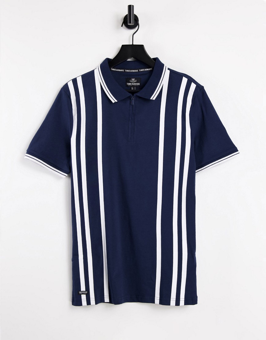 Threabare – Polohemd in Marineblau mit Streifen und kurzem Reißverschluss