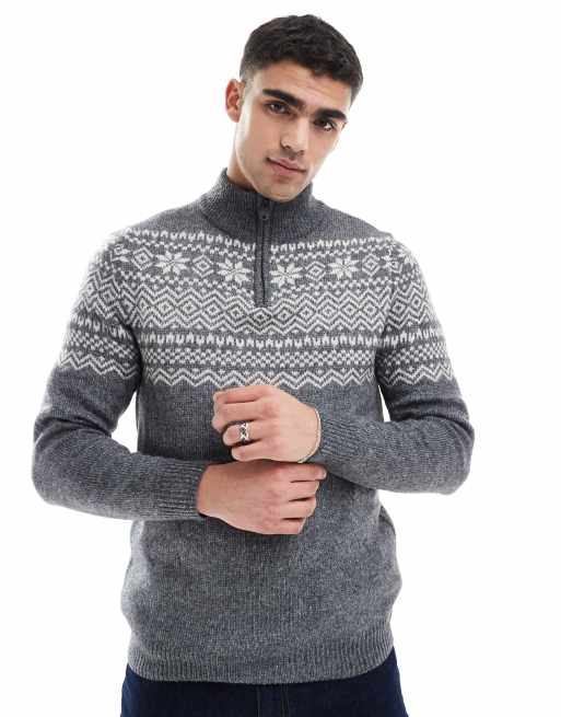 Threabare – Pullover in Grau mit Norwegermuster und kurzem Reißverschluss, 2 von 4