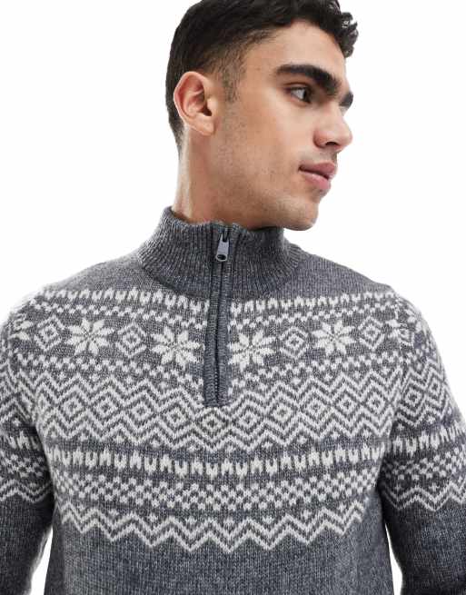 Threabare – Pullover in Grau mit Norwegermuster und kurzem Reißverschluss, 3 von 4