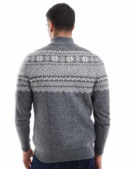 Threabare – Pullover in Grau mit Norwegermuster und kurzem Reißverschluss, 4 von 4