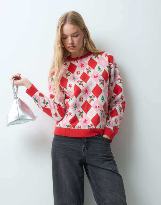 Threabdare Christmas knitted argyle jumper in pink and red, 2 of 5