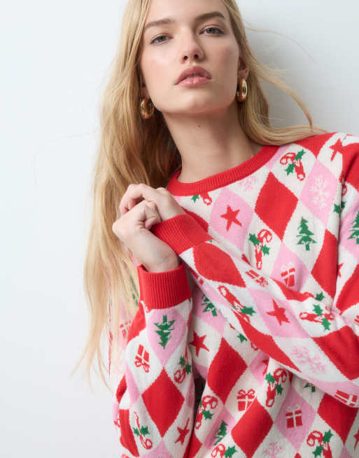 Threabdare Christmas knitted argyle jumper in pink and red, 3 of 5