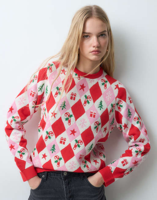 Threabdare Christmas knitted argyle jumper in pink and red, 5 of 5