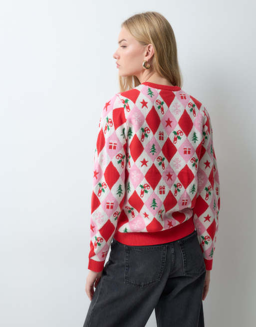 Threabdare Christmas knitted argyle sweater in pink and red, 4 of 5