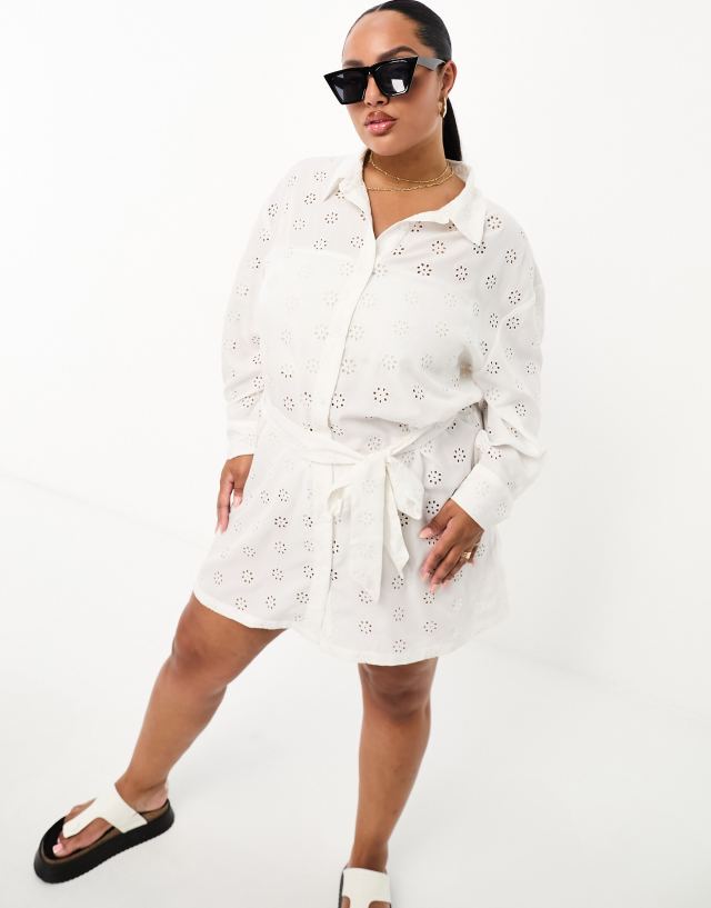 Threadbare - Threabdare Plus broderie tie waist shirt dress in white