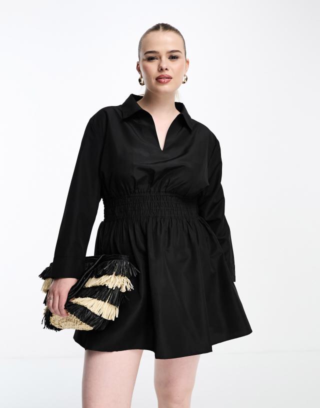 Threadbare - Threabdare Plus poplin ruched waist shirt dress in black