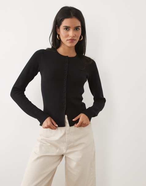 Threadare crew neck cardigan with cinched waist in black - view 1