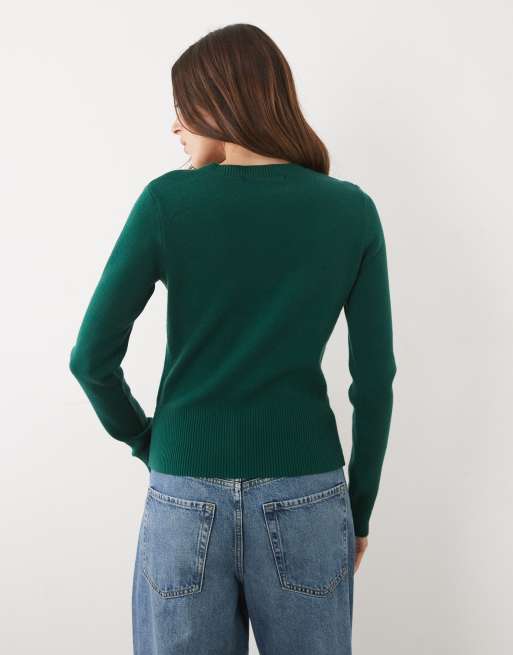 Threadare crew neck cardigan with cinched waist in forest green, 2 of 4