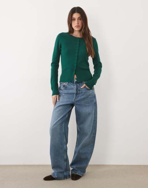 Threadare crew neck cardigan with cinched waist in forest green, 3 of 4