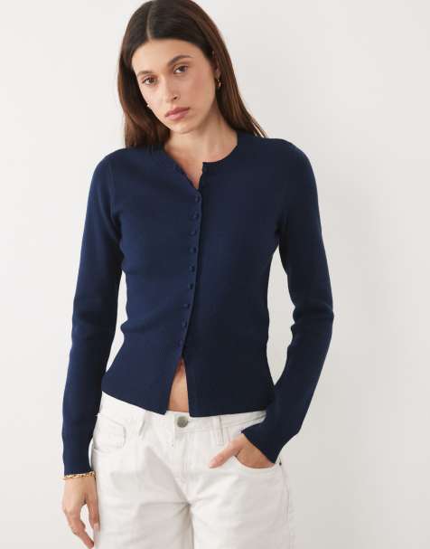 Threadare crew neck cardigan with cinched waist in navy - view 1