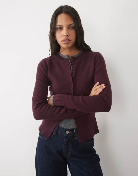 Threadare crew neck cardigan with cinched waist in plum - view 1