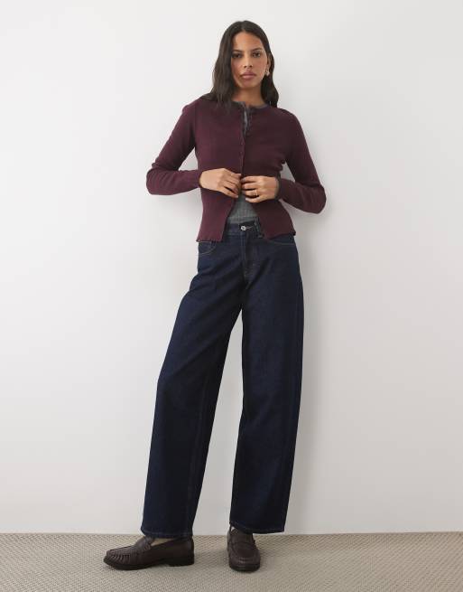 Threadare crew neck cardigan with cinched waist in plum, 2 of 4