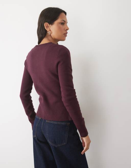 Threadare crew neck cardigan with cinched waist in plum, 3 of 4