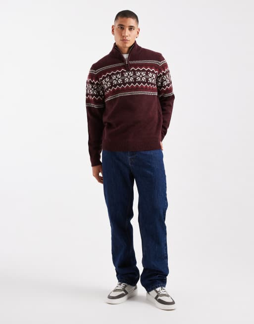Threadbare 1/4 zip fairisle print jumper in burgundy