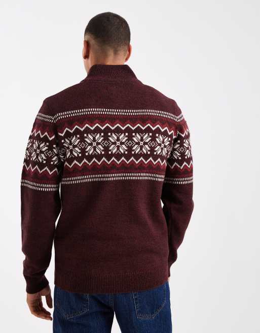 Threadbare 1/4 zip fairisle print jumper in burgundy