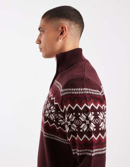 Threadbare 1/4 zip fairisle print jumper in burgundy