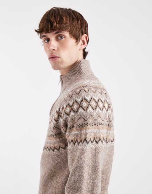 Threadbare 1/4 zip fairisle print jumper in taupe, 4 of 5