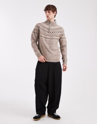 Threadbare 1/4 Zip Fairisle Print Sweater In Neutral