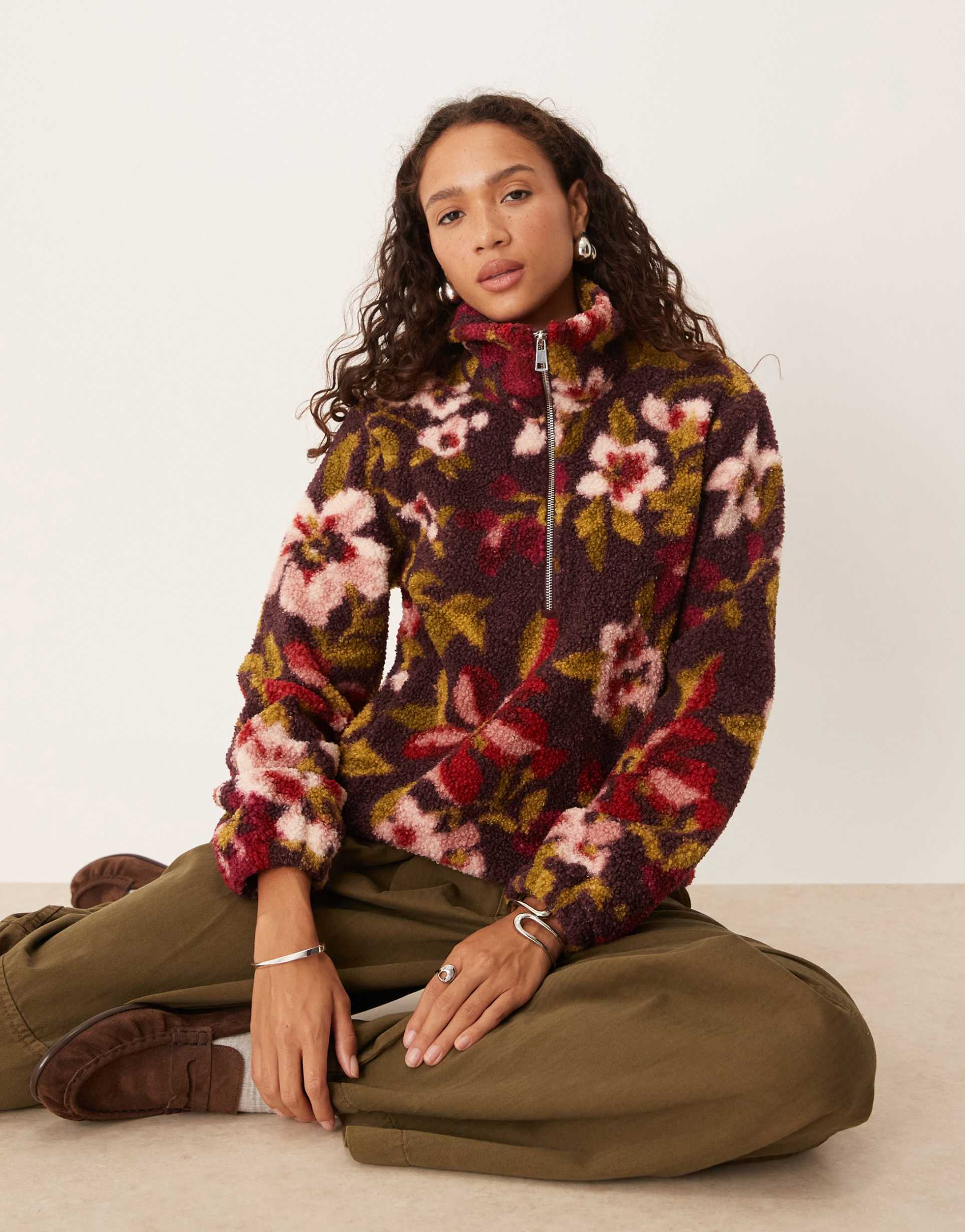 threadbare 1/4 zip fleece in burgundy floral print