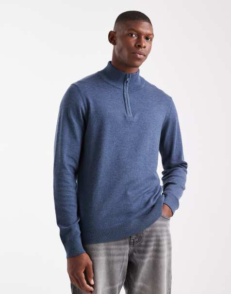 Threadbare 1/4 zip knitted jumper in blue marl - view 1