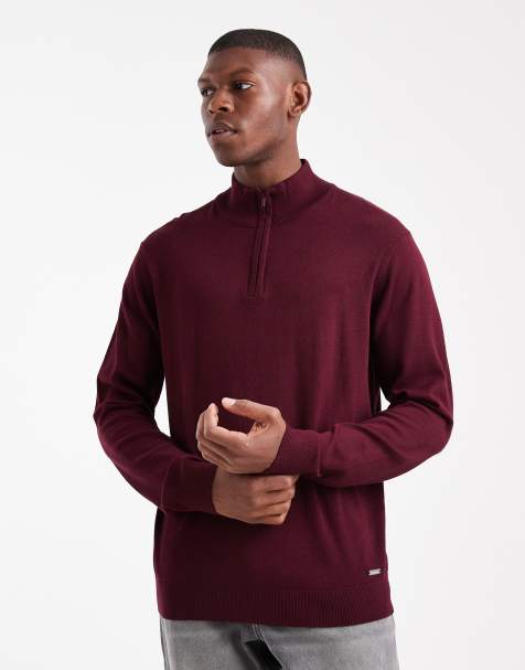 Threadbare 1/4 zip knitted jumper in burgundy - view 1