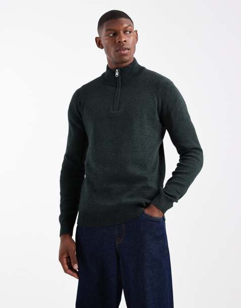 Threadbare 1/4 zip knitted jumper in khaki and black - view 1