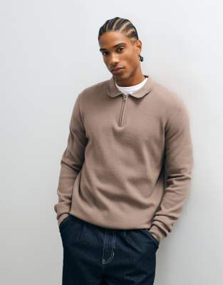 Threadbare 1/4 Zip Knitted Polo In Brown