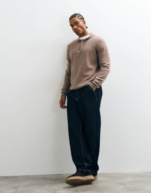Threadbare 1/4 zip knitted polo in taupe, 2 of 5