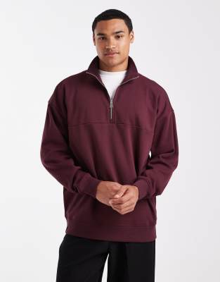 Threadbare Threadbare 1/4 zip slouchy fleece sweatshirt in burgundy-Red