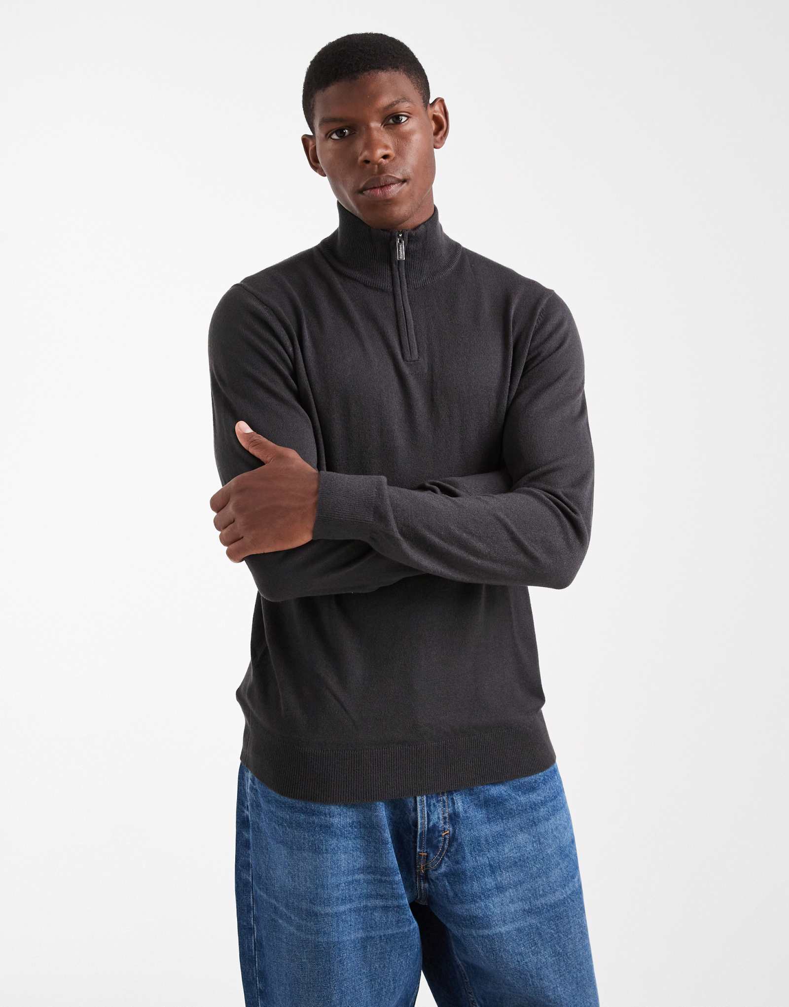 Поношенный свитер на молнии 1/4 угольно-серого цвета