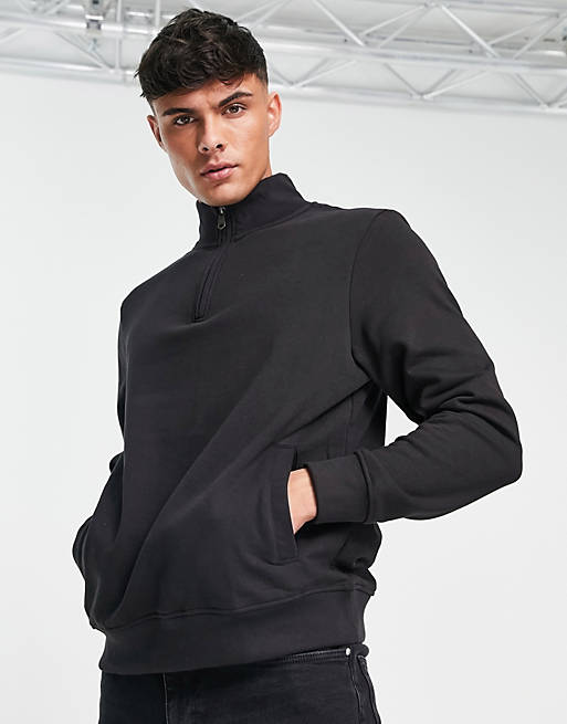 Threadbare 1/4 zip sweatshirt in black | ASOS