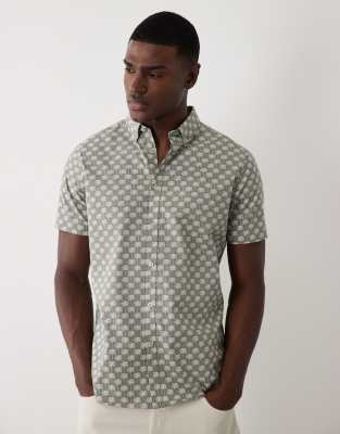 Threadbare 100% Cotton Short Sleeve Shirt With Palm Tree Print In Gray