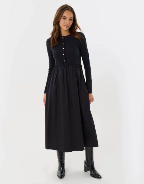 Threadbare 2 in 1 button up midaxi dress in black - view 1