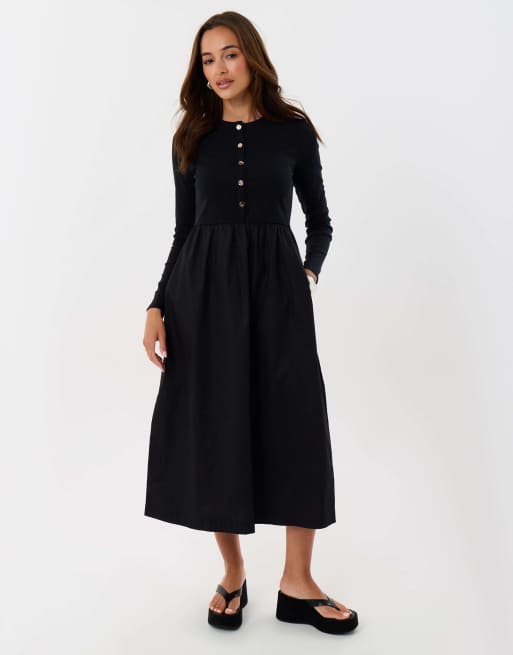 Threadbare 2 in 1 button up midaxi dress in black, 4 of 4