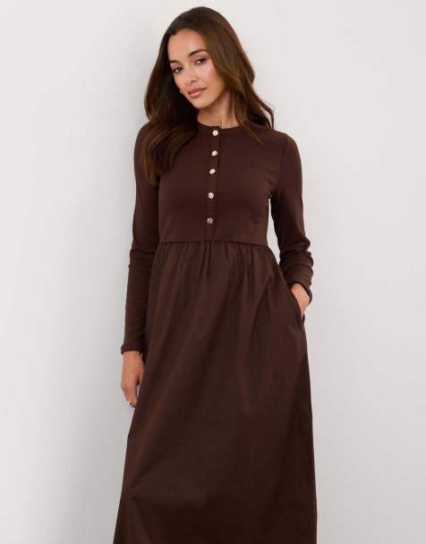 Threadbare 2 in 1 button up midaxi dress in chocolate brown - view 1