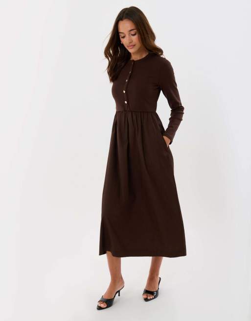 Threadbare 2 in 1 button up midaxi dress in chocolate brown, 3 of 4