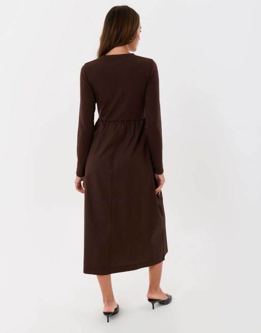 Threadbare 2 in 1 button up midaxi dress in chocolate brown, 4 of 4