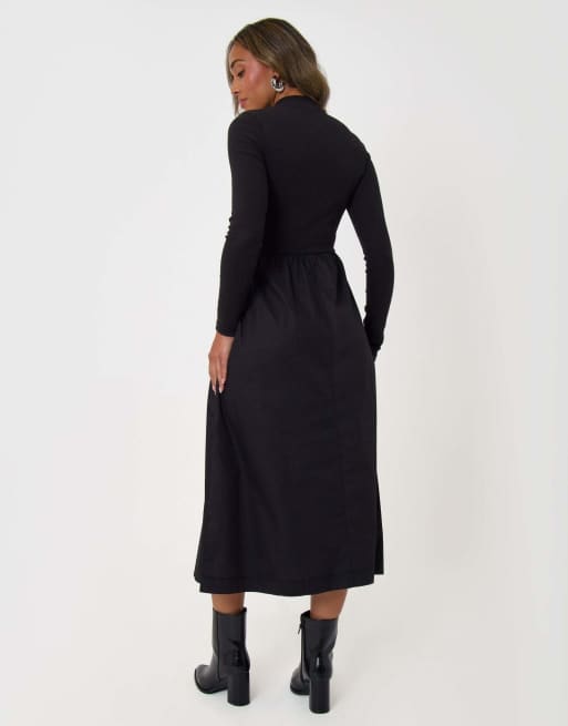 Threadbare 2 in 1 high neck midaxi dress in black, 2 of 4