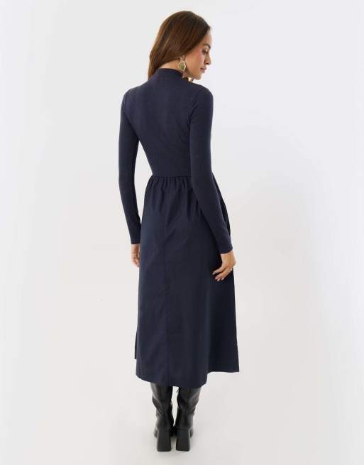 Threadbare 2 in 1 high neck midaxi dress in navy, 2 of 4